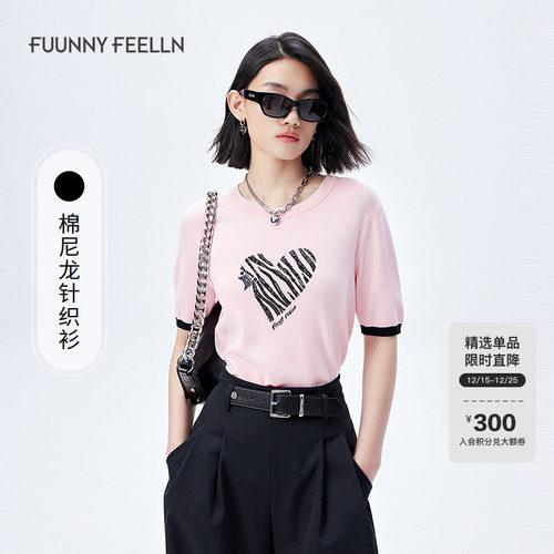 仿佛2025夏猫纹爱心粉色t恤女