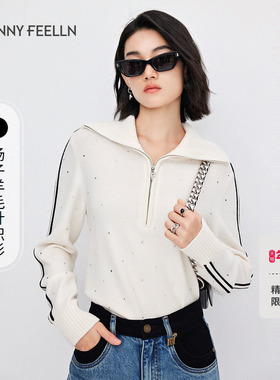 【扬子羊毛】FF仿佛冬季新款撞色针织衫女大翻领烫钻设计感