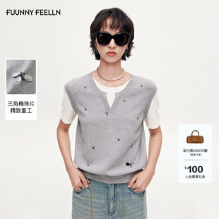 新款 2025年秋季 FF仿佛miu系针织衫 撞色假两件钉珠短袖 高智感