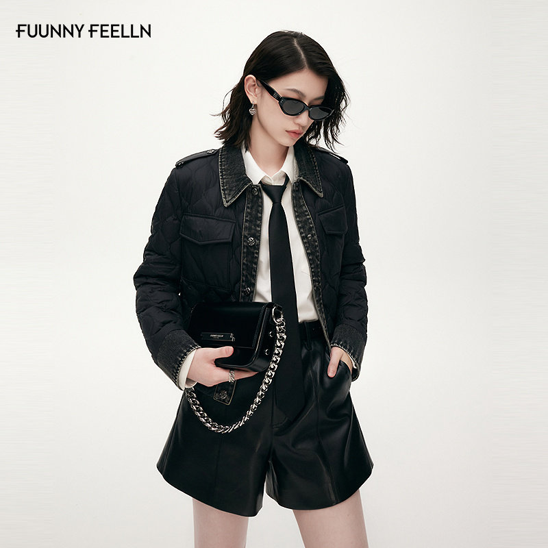 FF仿佛羽绒服女秋冬新款短款夹克鸭绒轻盈拼接轻薄时尚外套外搭