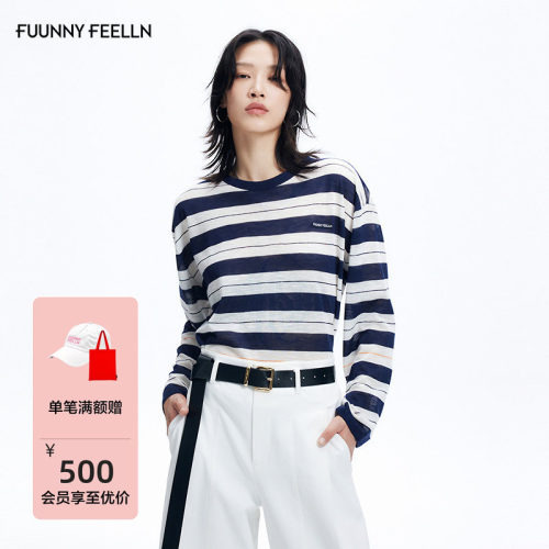 FF仿佛条纹撞色落肩针织衫女