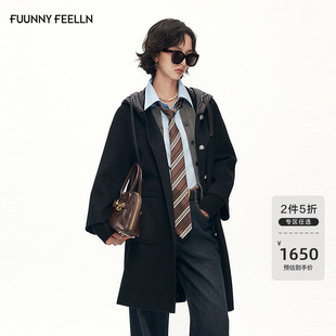 FF仿佛毛呢大衣黑色连帽2025冬新款纯羊毛女中长款呢子呢大衣外套