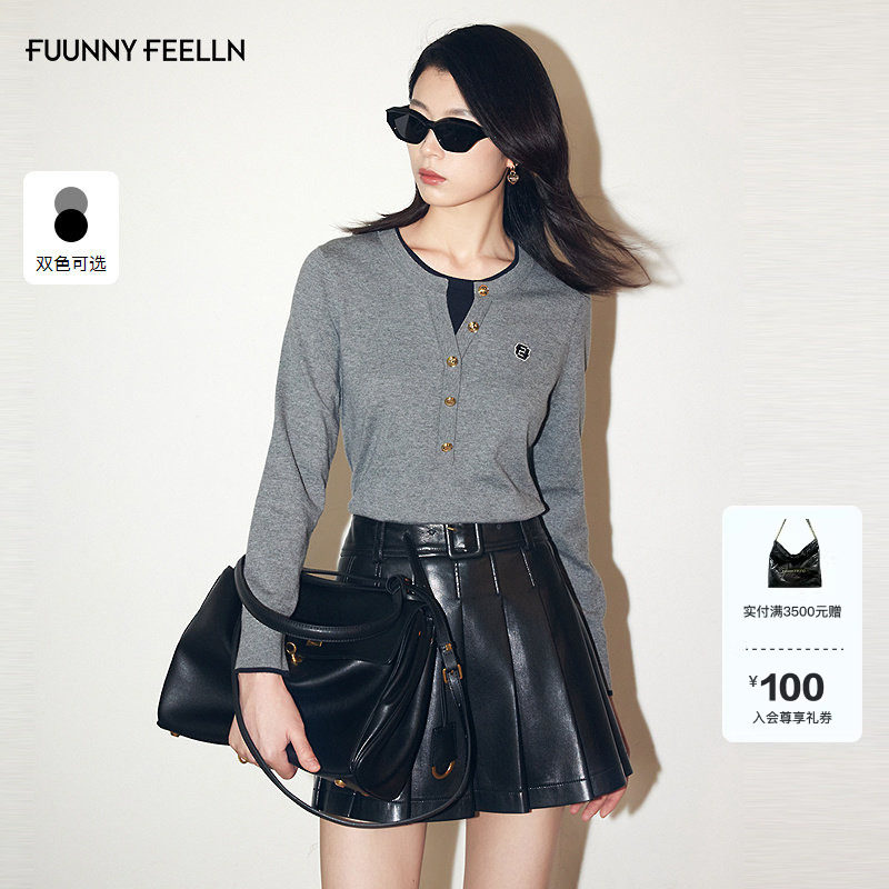 FF仿佛针织衫假两件女套头长袖2025秋季新款设计感圆领修身上衣