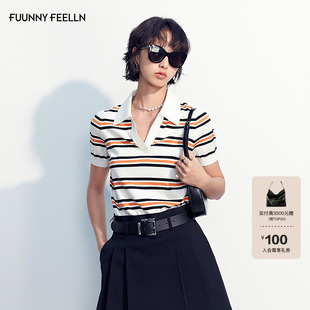 FF仿佛撞色复古polo领短袖针织正肩t恤设计感短袖上衣