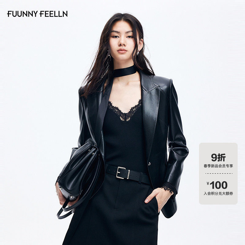 FF仿佛短外套女2026春季新款仿皮革皮衣蕾丝袖口时尚西装外套,女装/女士精品,西装,淘宝优惠券,粉丝福利购,淘宝优惠卷