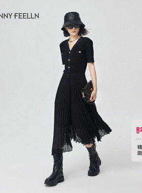 【折扣新降】FF仿佛夏季针织黑色连衣裙气质优雅收腰修身设计感