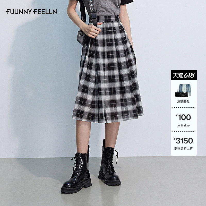 FF仿佛半身裙2025秋冬新品黑白格纹裙子复古收腰显瘦气质A字裙女