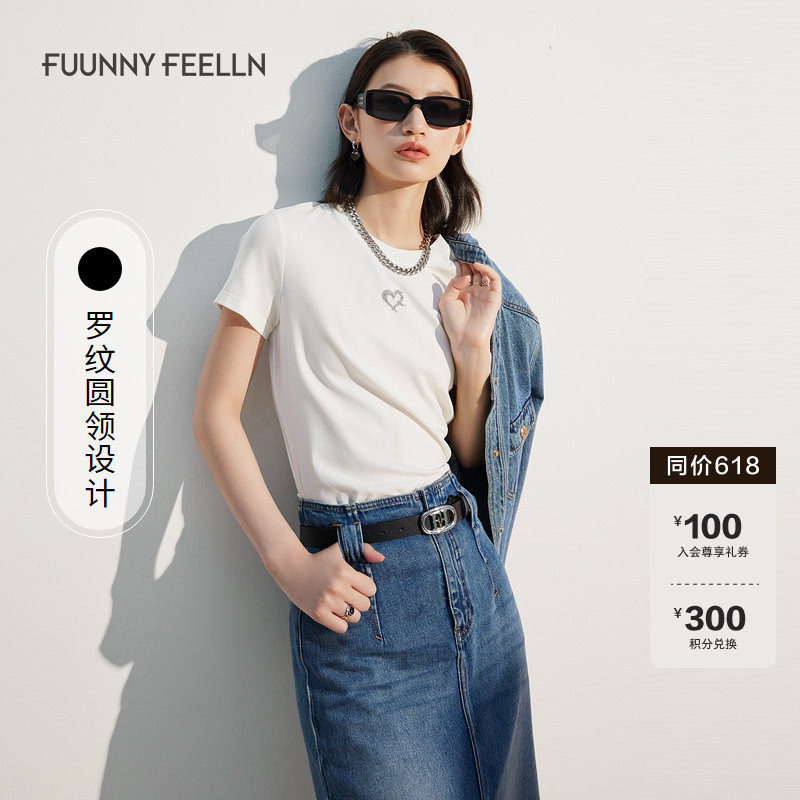 FF仿佛T恤女夏款圆领印花设计宽松高级感显瘦正肩白色短袖上衣女 - 实物图
