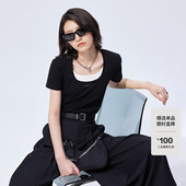 显瘦撞色短袖 FF仿佛T恤女2025夏新款 U型领拼接修身 正肩假两件上衣