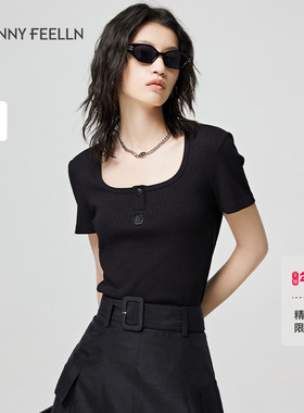 FF仿佛T恤2025夏季黑色U领女短袖修身显瘦时尚休闲设计感上衣