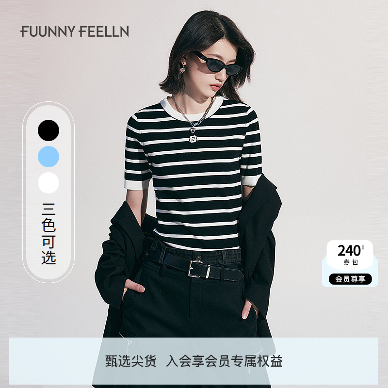 FF仿佛2025夏新款撞色针织上衣女设计感舒适修身显瘦条纹短袖T恤