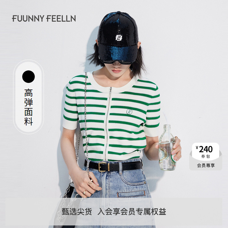 FF仿佛夏季条纹针织开衫女修身显瘦短袖圆领薄款设计感