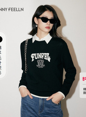 【绵羊毛】FF仿佛2025年春季新款黑色针织衫女圆领长