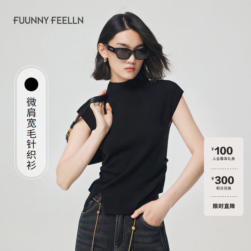 FF仿佛夏季黑色无袖针织衫女羊毛上衣修身薄款设计感