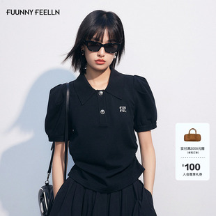 FF仿佛T恤2025年夏新款 上衣 运动风100棉黑色POLO领刺绣通勤泡泡袖