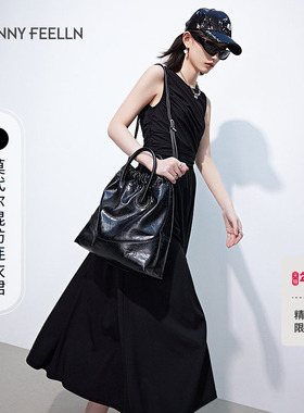 FF仿佛黑色褶皱无袖连衣裙2025年春新款休闲垂感收腰显瘦背心裙女