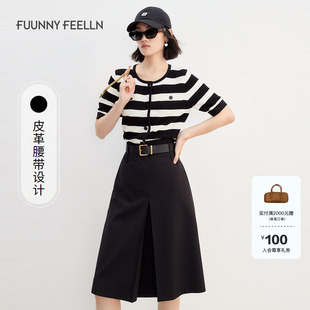 FF仿佛夏季 黑色半身裙女垂坠感高腰开叉小个子设计感