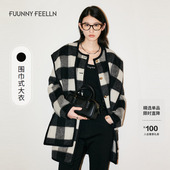 可拆卸猫耳连帽格纹毛呢外套女 新款 围脖大衣 FF仿佛冬季