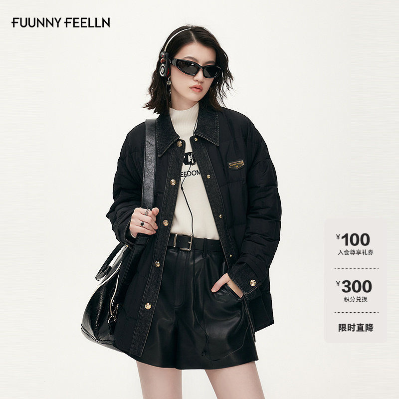 FF仿佛羽绒服女2025冬新款牛仔拼接中长款鸭绒保暖白鸭绒外套