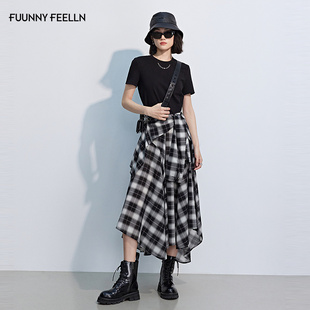 长裙 收腰不规则裙摆女气质格纹拼接短袖 FF仿佛连衣裙2025秋季 新款