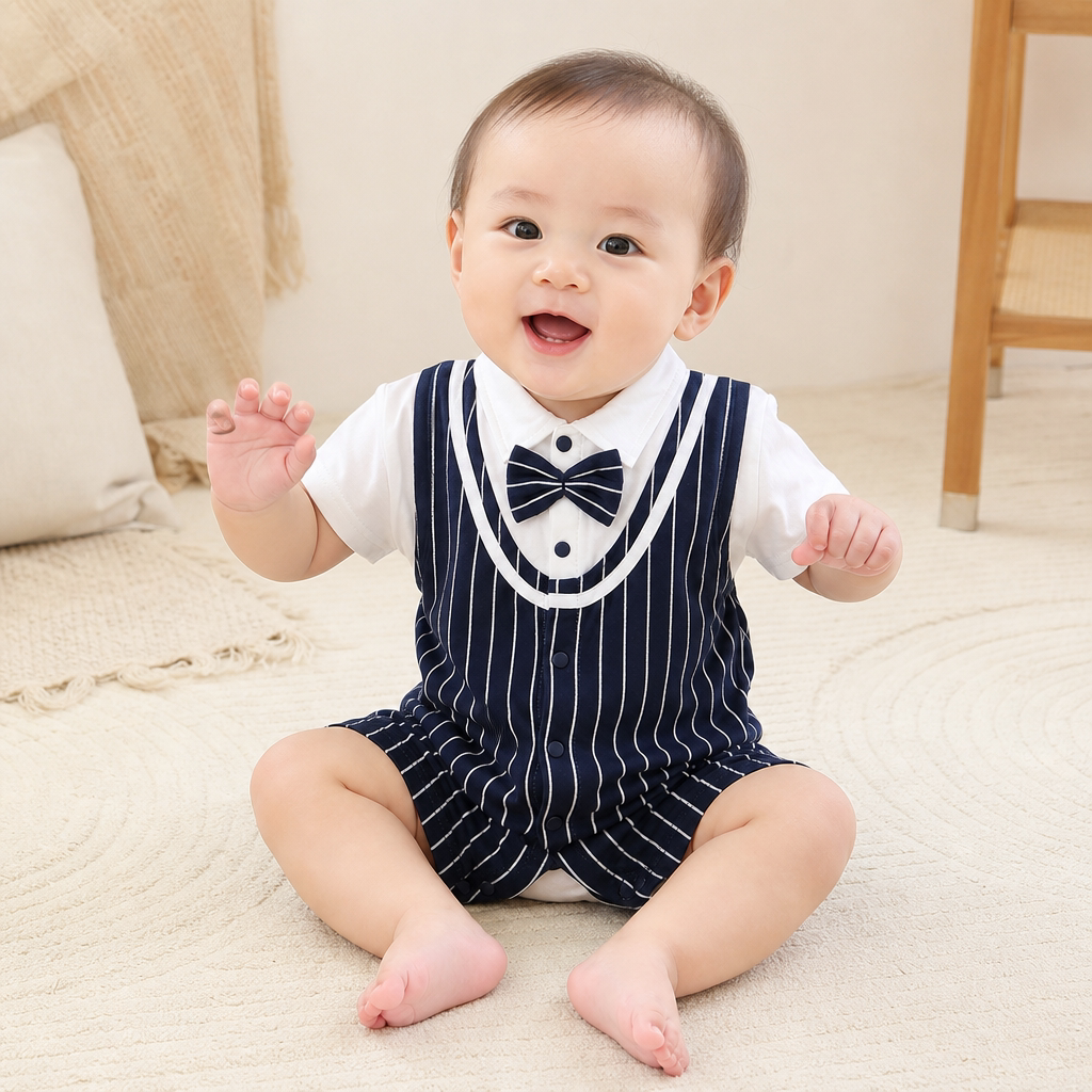 男宝宝百天周岁宴礼服夏抓周英伦风小西装婴儿洋气绅士连体衣夏装