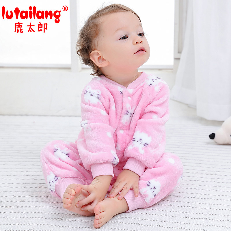 婴儿连体哈法兰绒睡衣爬服秋冬季0-2岁男女宝宝新生婴儿爬服