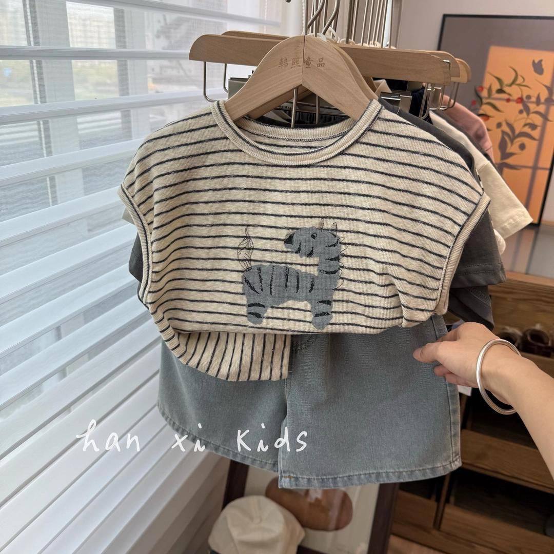 儿童套装2025夏季新品韩国男女童条纹落肩袖背心宝宝休闲牛仔短裤,童装/婴儿装/亲子装,套装,淘宝优惠券,粉丝福利购,淘宝优惠卷