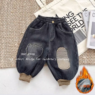 儿童春秋冬款牛仔裤一体绒秋冬季2025新款宝宝灯笼裤加绒男童裤子
