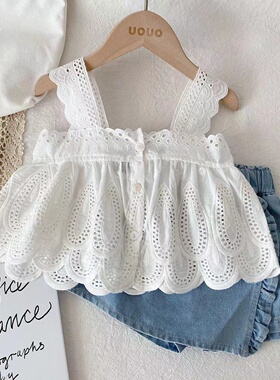 女宝宝夏季套装白色吊带+牛仔短裤两件套小童旅游拍照洋气夏装