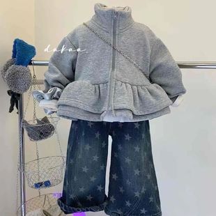 女童外套冬季新款加绒两件套韩版拉链灰色花苞洋气卫衣牛仔裤套装