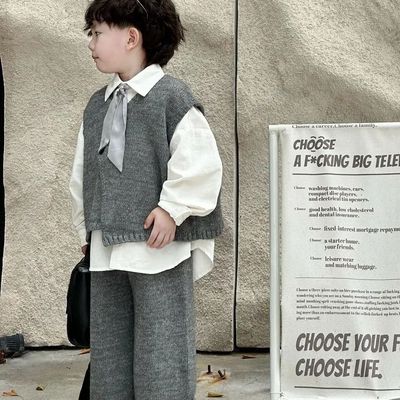 男童衬衫套装2025春秋新款韩版三件套洋气宝宝马甲百搭裤子衬衣