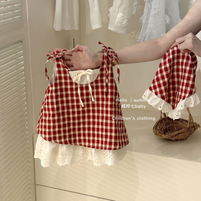 2025夏装女童韩版红色格子连衣裙