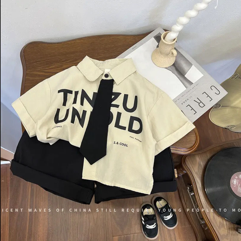 男童洋气夏装衬衫2024夏季新款韩版儿童短袖帅气爆款夏季两件套潮