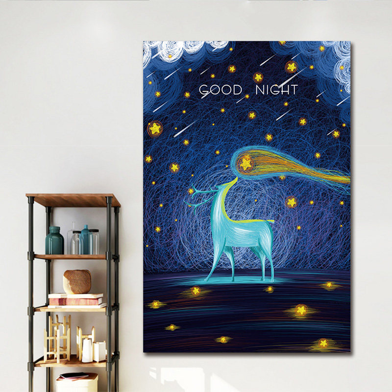 i梦幻唯美森系小清新动物卡通鲸鱼鹿麋鹿插画海报宿舍寝室墙贴画