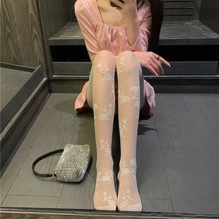 蔷薇玫瑰花丝袜刺绣白色花朵丝袜蕾丝复古小仙女白丝薄款连裤袜