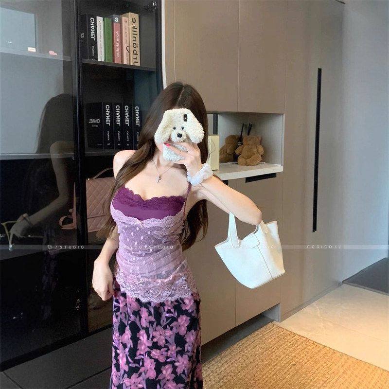 法式不规则蕾丝波点拼接紫色吊带背心女夏季外穿修身辣妹无袖上衣,女装/女士精品,抹胸,淘宝优惠券,粉丝福利购,淘宝优惠卷