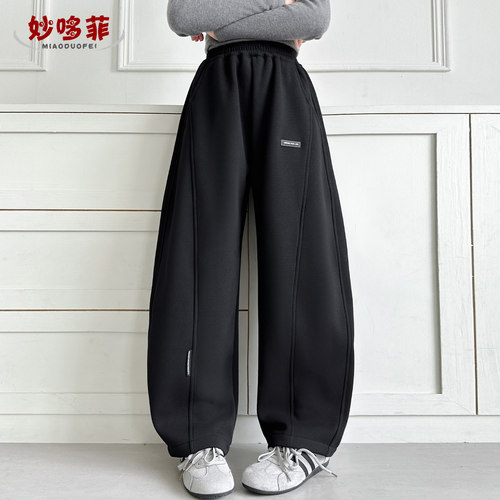 女童裤子冬2025新款加厚绒卫裤女大童运动裤儿童弯刀裤一体绒长裤