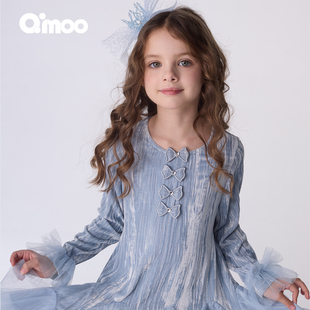 女童丝绒拼纱蝴蝶结连衣裙QSS3LP425D 童装 Qimoo淇木25秋季 新款