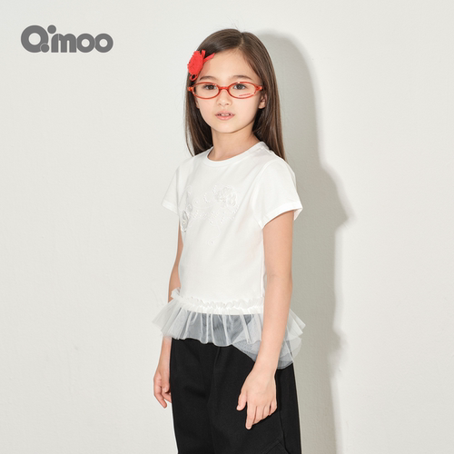 Qinoo26春季新款女童装立体花朵网纱烫钻甜美短袖T恤QWM1TC411D