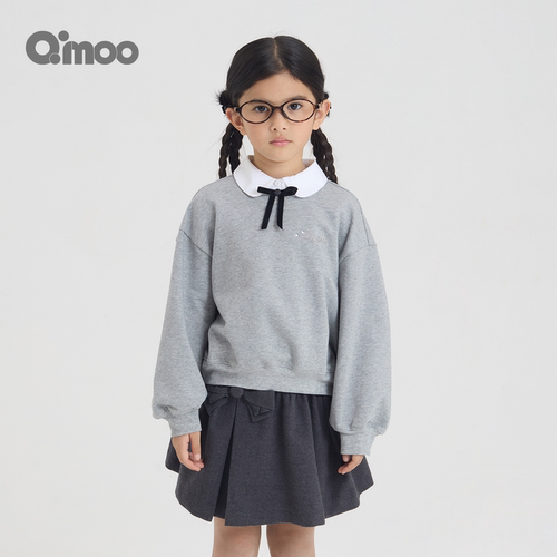 Qimoo女童学院风撞色蝴蝶结卫衣
