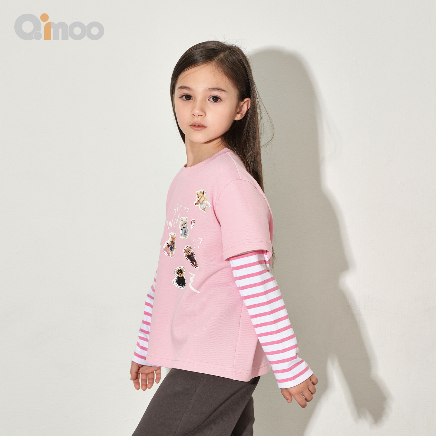 Qinoo26春季商场同款款男女童条纹卡通印花撞色长袖T恤QWM1TC301C,童装/婴儿装/亲子装,T恤,淘宝优惠券,粉丝福利购,淘宝优惠卷