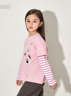 Qimoo26春季商场同款款男女童条纹卡通印花撞色长袖T恤QWM1TC301C