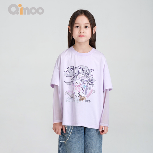 Qimoo女童潮酷假两件纱袖T恤