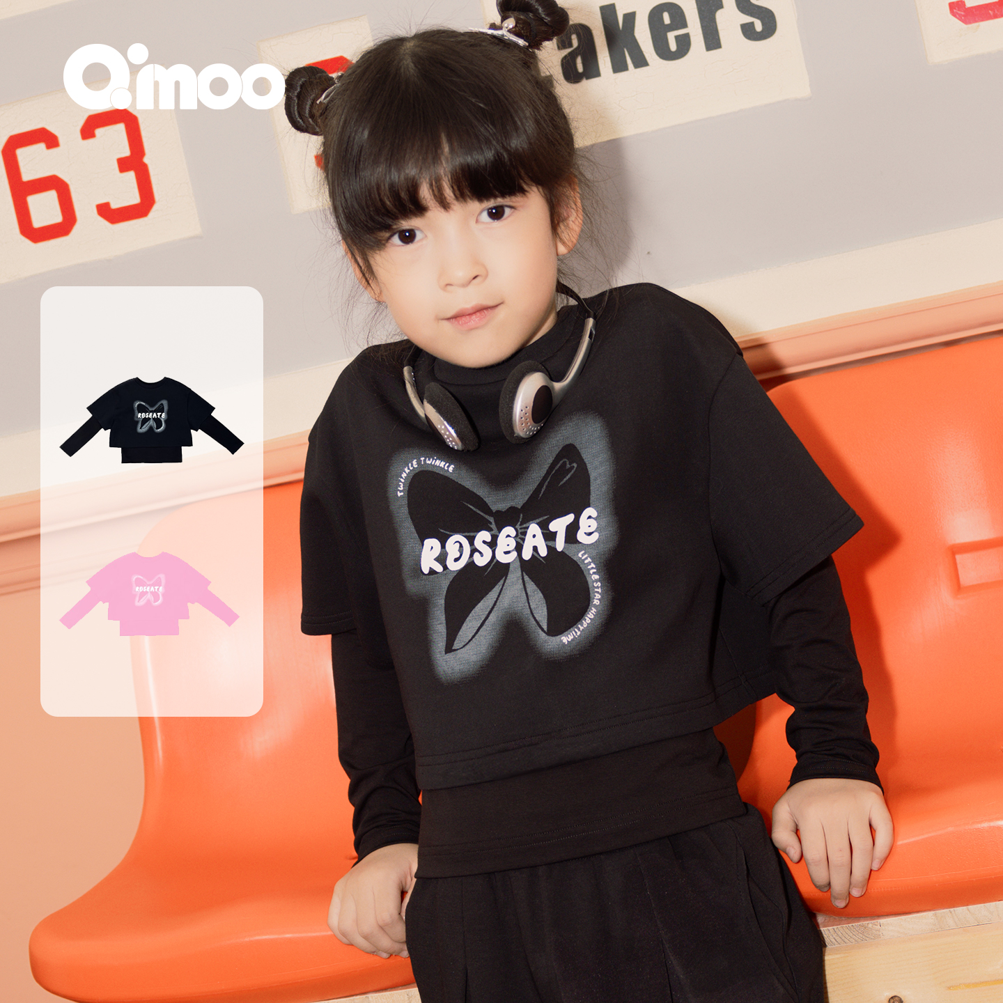 Qimoo/淇木25秋季新款童装女童蝴蝶结假两件T恤上衣QSS3TC606X