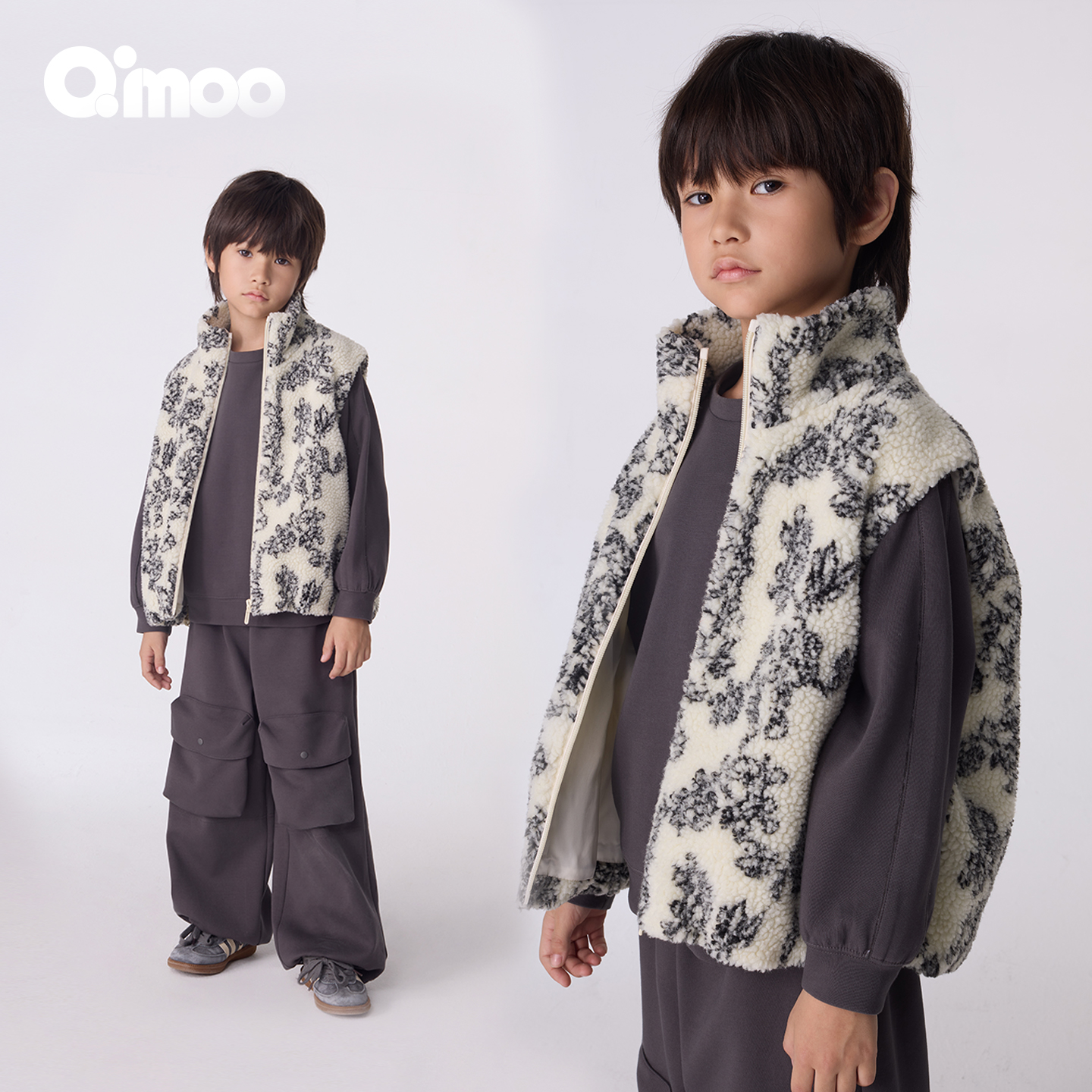 Qimoo淇木25秋季新款童装男女童印花潮酷摇粒绒马甲QSS3AP320C