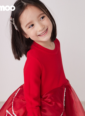 Qimoo/淇木冬季新款童装女童毛织拼欧根纱设计连衣裙QCL4LP341C