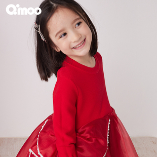 童装 新款 女童毛织拼欧根纱设计连衣裙QCL4LP341C 淇木冬季 Qimoo