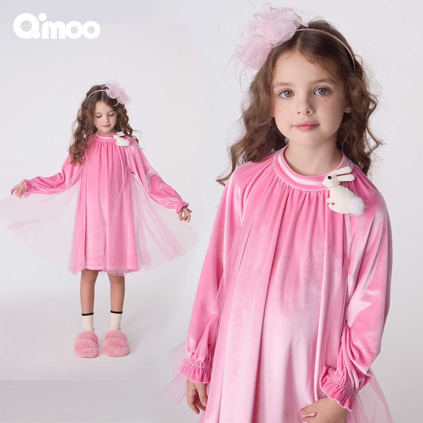 Qimoo淇木秋女童丝绒拼纱连衣裙