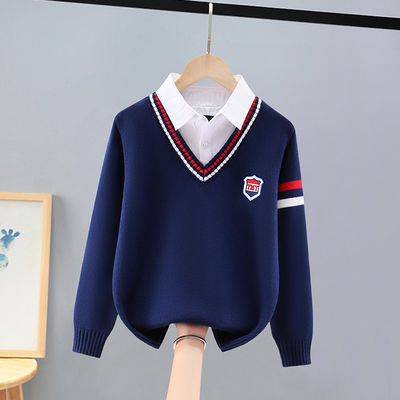 男童毛衣假两件秋冬款中大童针织衫加绒加厚儿童男孩帅气学院风棉