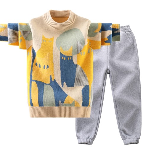 男童毛衣套装秋冬款中大童两件套针织衫加绒加厚保暖儿童男孩帅气